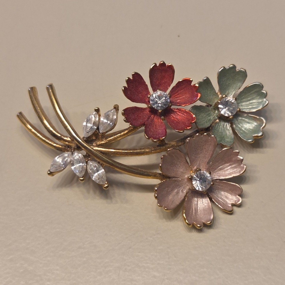Vintage‎ Floral Brooch Gold Tone Red Green Pink Rhinestone Pin Cottagecore